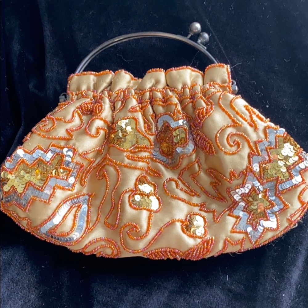 Cute gold & bronze beaded bag with metal handle
